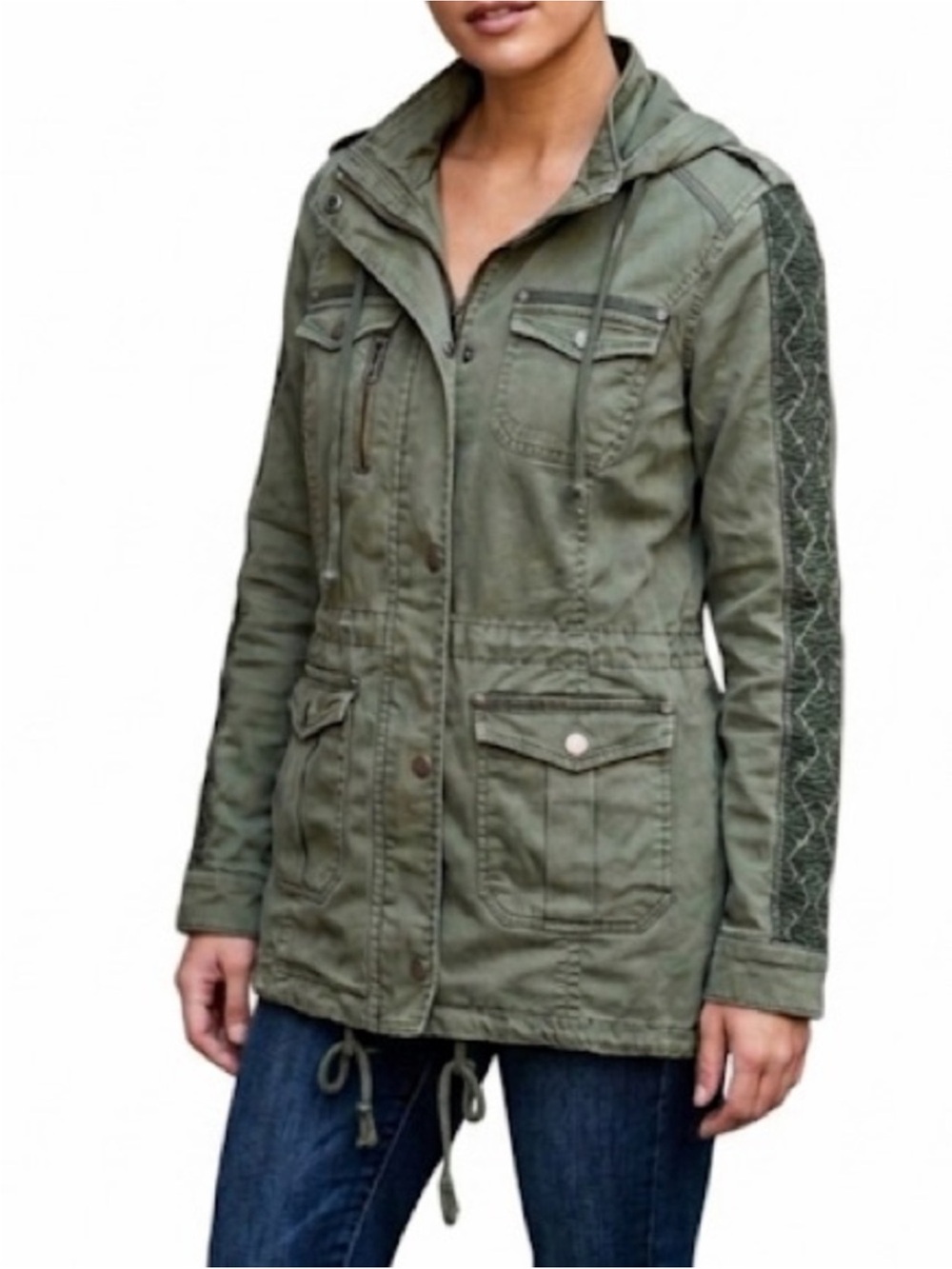 Anthropologie Hei Hei Embroidered-Sleeve Utility Anorak jacket medium olive gree